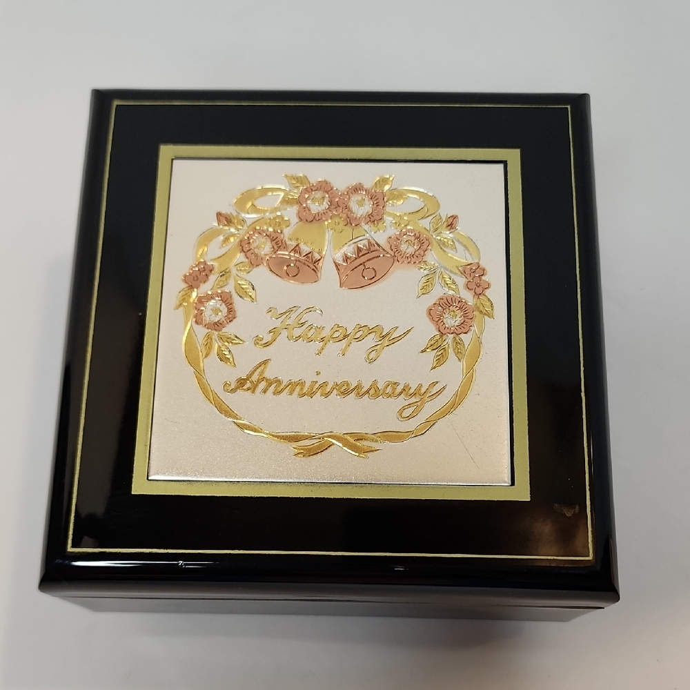 Glossy Wood MUSIC/ JEWELRY Box Says Happy Anniv Black Gold San Fran Music Box Co